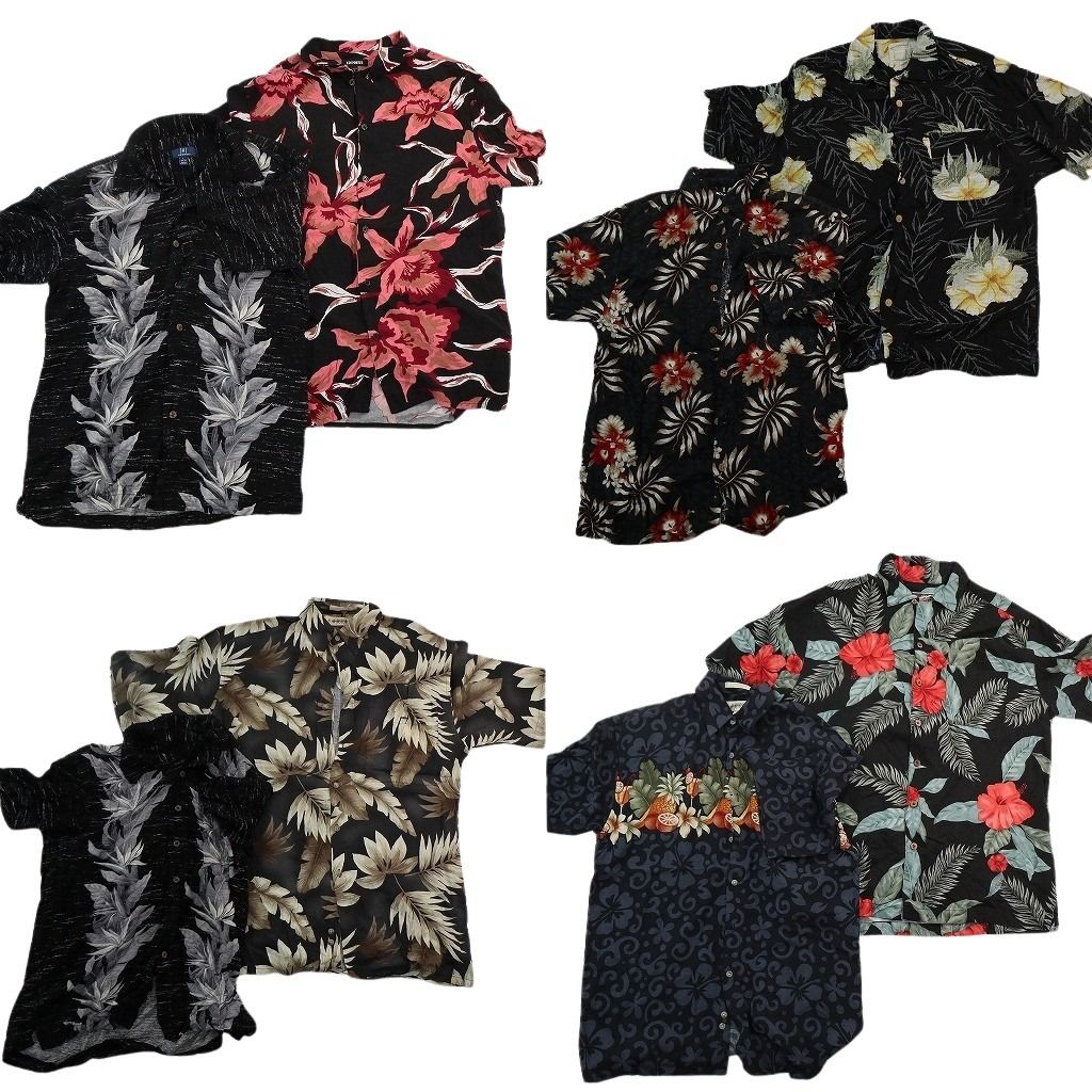 古着卸 まとめ売り 黒ボディ アロハシャツ 8枚セット ( メンズ S ) ハイビスカス リーフ柄 ボックスカット 中古 古着 NE7595