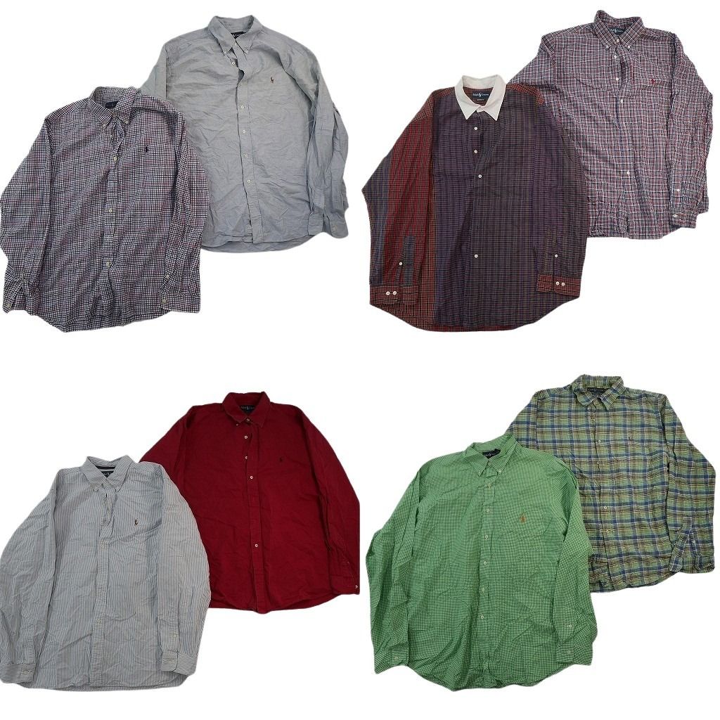 古着卸 まとめ売り Ralph Lauren ラルフローレン 長袖シャツ 8枚セット ( メンズ 2XL ) ボタンダウン チェック ストライプ 中古古着 NE7597