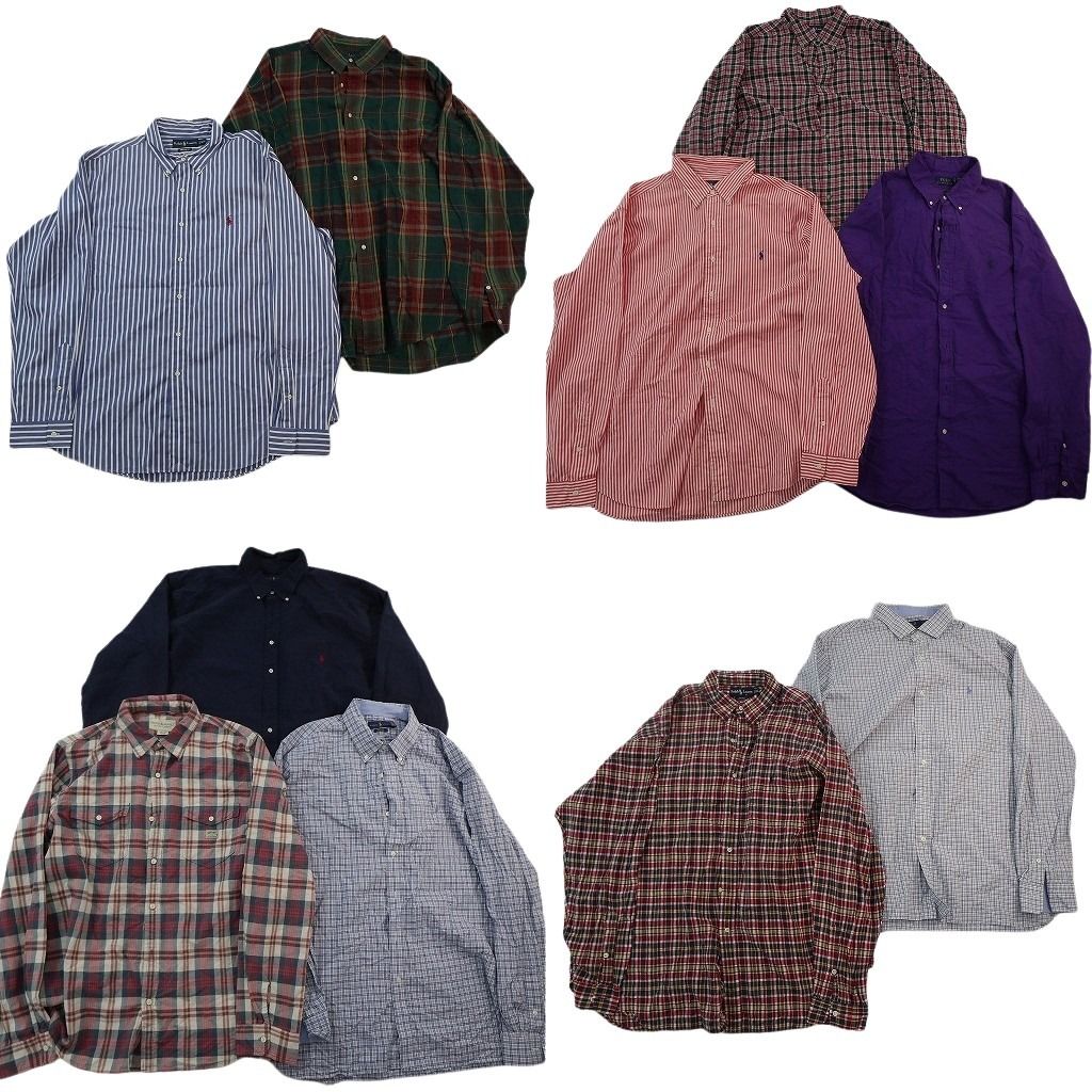 古着卸 まとめ売り Ralph Lauren ラルフローレン 長袖シャツ 10枚セット ( メンズ 2XL ) チェック マドラス ストライプ 中古 古着 NE7598
