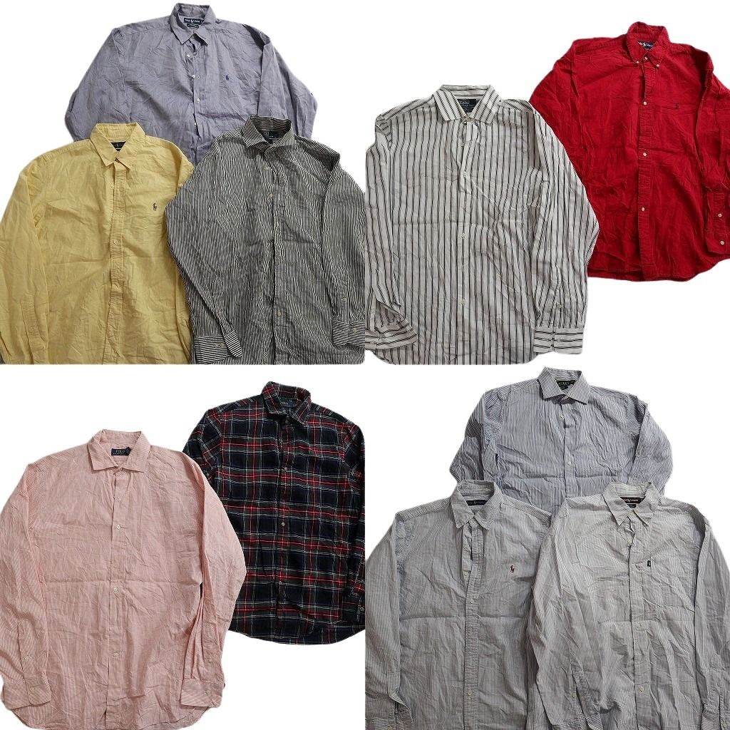 古着卸 まとめ売り Ralph Lauren ラルフローレン 長袖シャツ 10枚セット ( メンズ L ) ワンポイント チェック マドラス 中古 古着 NE7601