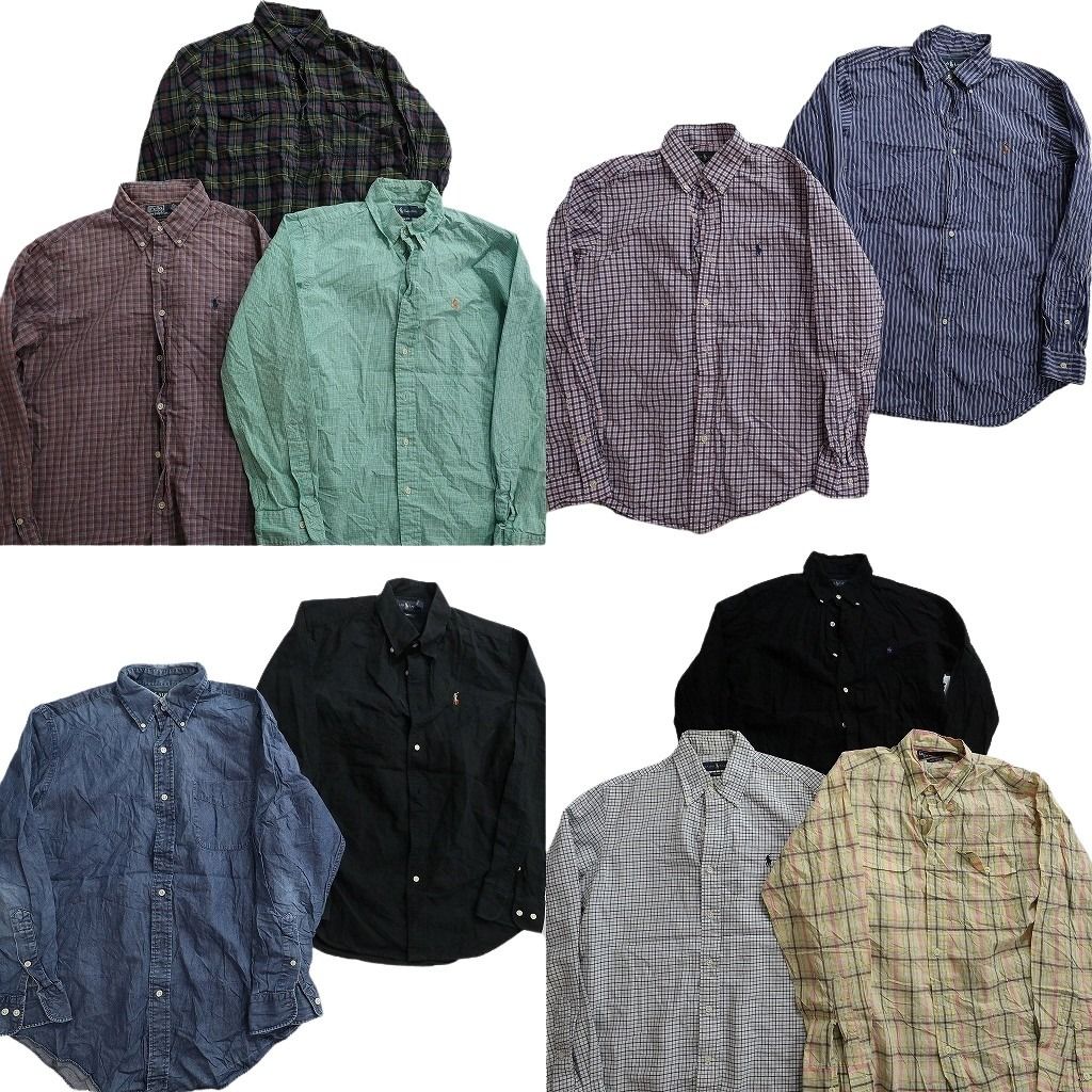 古着卸 まとめ売り Ralph Lauren ラルフローレン 長袖シャツ 10枚セット ( メンズ M ) 90s デニム チェック ストライプ 中古 古着 NE7602