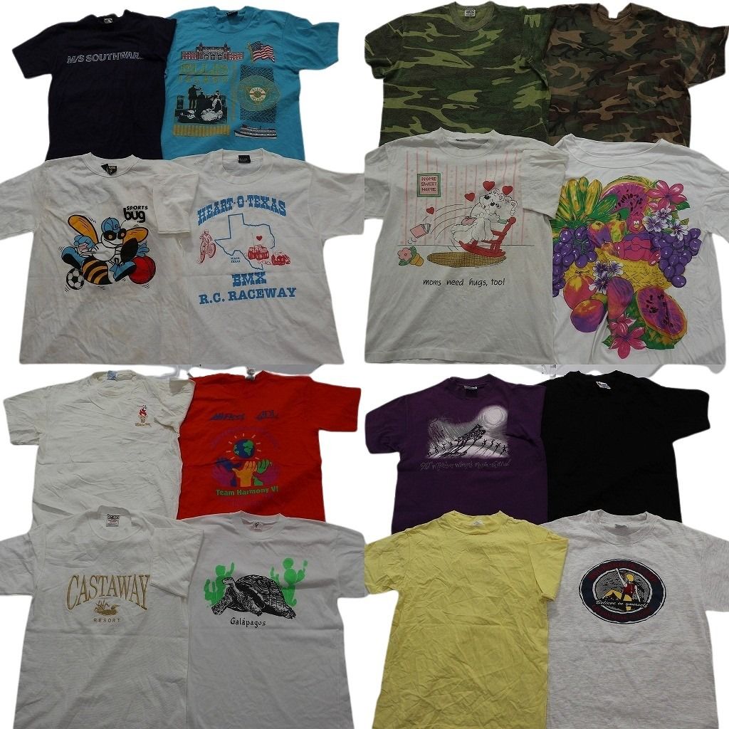 古着卸 まとめ売り ヴィンテージ シングルステッチ Tシャツ 16枚セット ( メンズ M ) 迷彩柄 大判プリント 英文字 中古 古着 NE7621