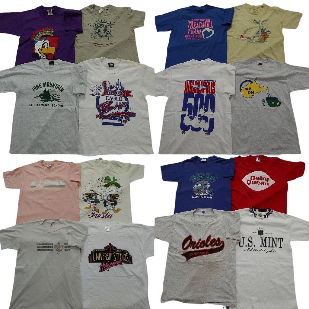 古着卸 まとめ売り シングルステッチ Tシャツ 16枚セット ( メンズ S/M ) ラッセル カレッジ風 英文字プリント ワンポイント 中古 NE7622