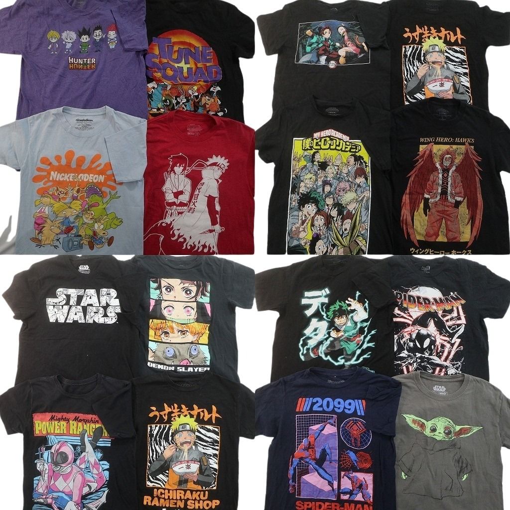 古着卸 まとめ売り キャラクター Tシャツ 16枚セット ( メンズ S ) ハンターハンター ナルト ヒロアカ 鬼滅の刃 中古 古着 NE7666