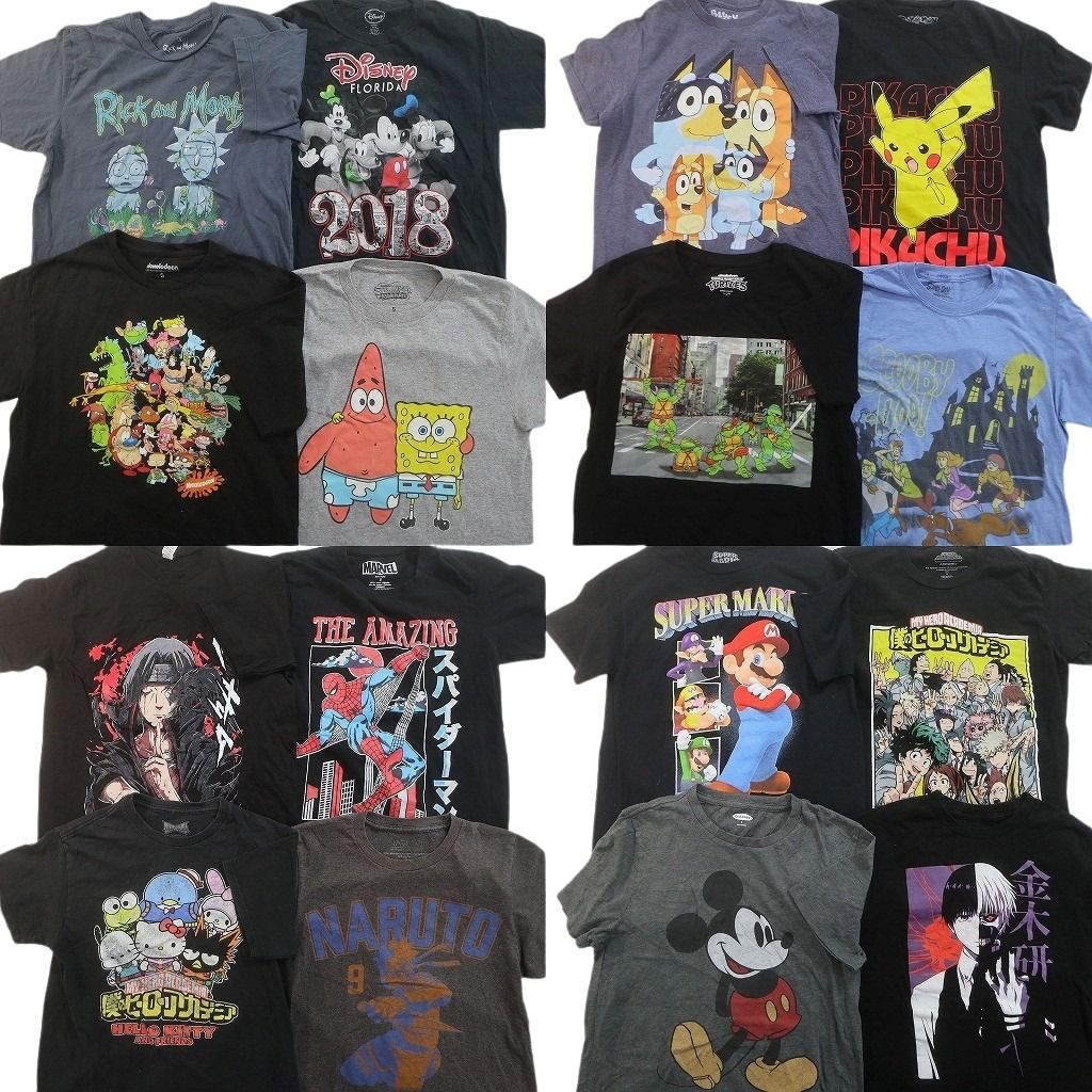 古着卸 まとめ売り キャラクター Tシャツ 16枚セット ( メンズ S ) ヒロアカ ディズニー ナルト スパイダーマン ポケモン 中古 古着 NE7667