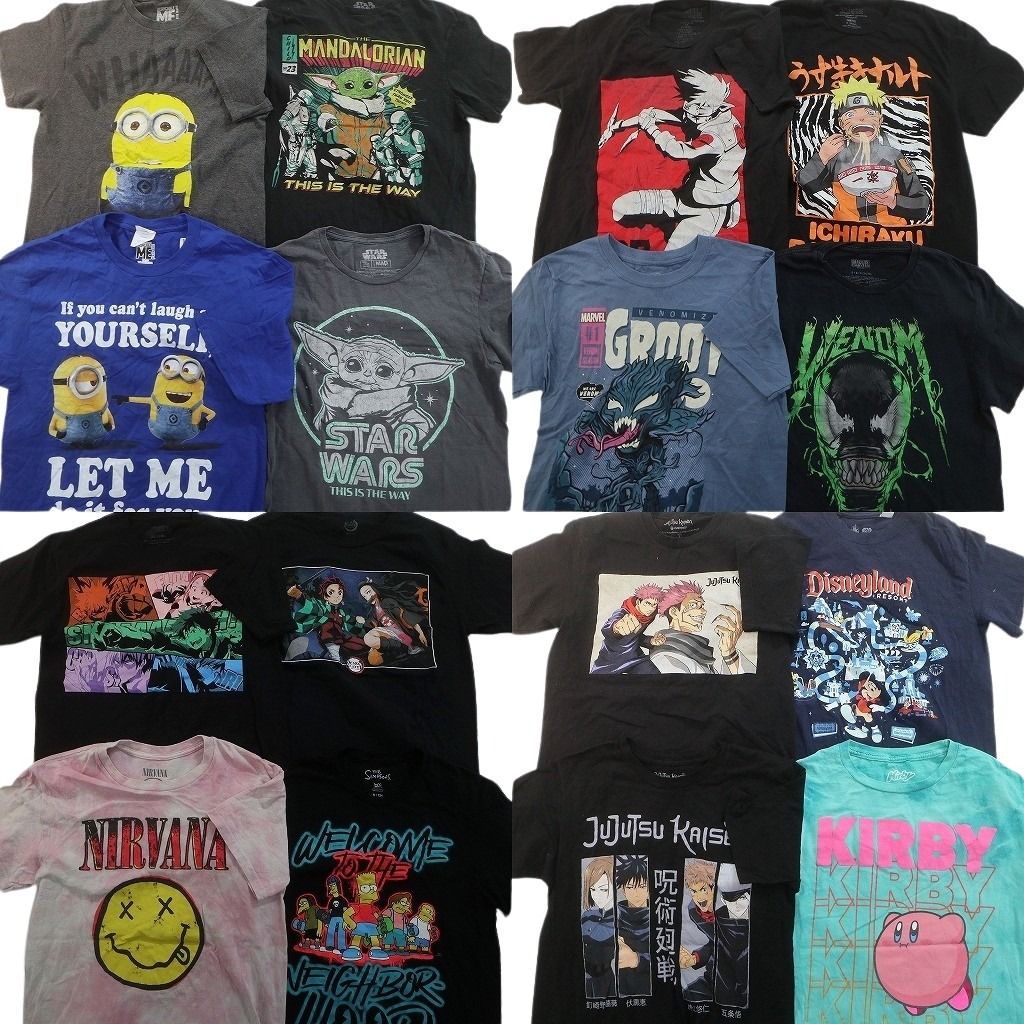古着卸 まとめ売り キャラクター Tシャツ 16枚セット ( メンズ S ) 呪術廻戦 カービー ナルト アメコミ 音楽 ニルヴァーナ 中古 NE7668
