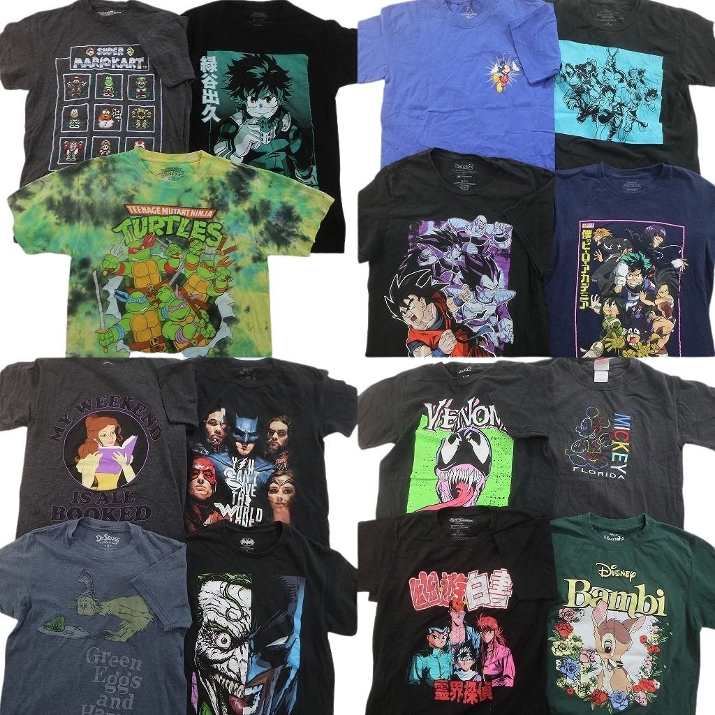 古着卸 まとめ売り キャラクター Tシャツ 15枚セット ( メンズ S ) ヒロアカ タートルズ 幽遊白書 ディズニー 中古 古着 NE7669