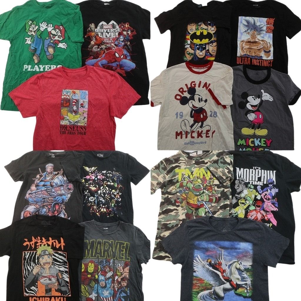 古着卸 まとめ売り キャラクター Tシャツ 14枚セット ( メンズ XXS/XS/S/M ) マーベル タートルズ ナルト ドラゴンボール 中古 古着 NE7670
