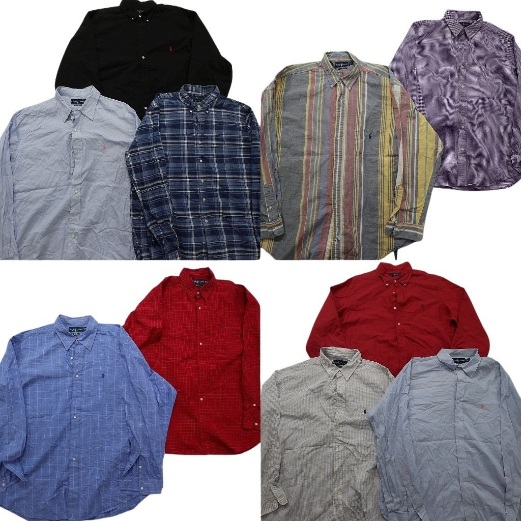 古着卸 まとめ売り Ralph Lauren ラルフローレン 長袖シャツ 10枚セット ( メンズ 2XL ) ストライプ チェック マドラス 中古 古着 NE7701
