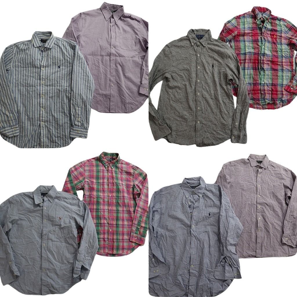 古着卸 まとめ売り Ralph Lauren ラルフローレン 長袖シャツ 8枚セット ( メンズ M/L ) 90s ストライプ チェック マルチカラー 中古 NE7716