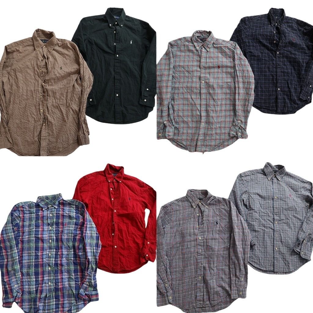 古着卸 まとめ売り Ralph Lauren ラルフローレン 長袖シャツ 8枚セット ( メンズ S/M ) チェック ワンポイント マルチカラー 中古 NE7718