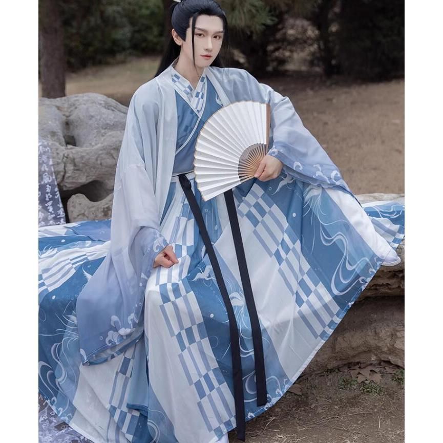 新品、未使用 中華コスプレ衣装 メンズ 漢服 グラデーション 青系 中華服 チャイナ服 豪華4点セット 振袖 交差襟 中華衣装 男性 大人 唐時代 古代 昭和 ハロウィン #nzlit