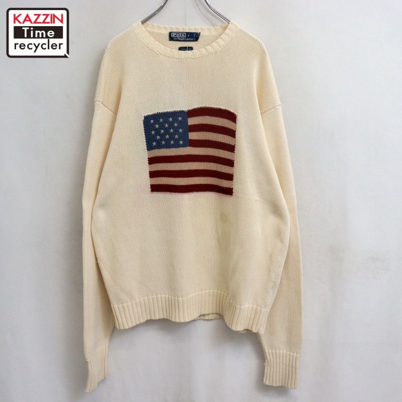 90s vintage RALPH LAUREN 星条旗 コットン ニットセーター メンズ 表記Lサイズ
