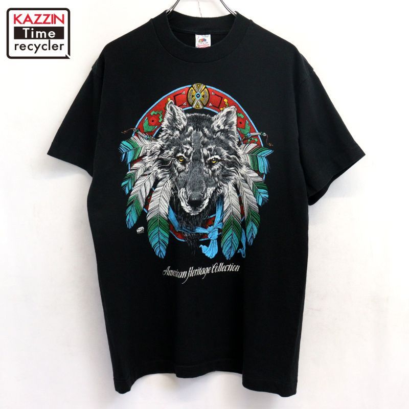 90s USA製 vintage Fruit of the Loom ウルフ アニマルプリント 半袖Ｔシャツ メンズ 表記Mサイズ
