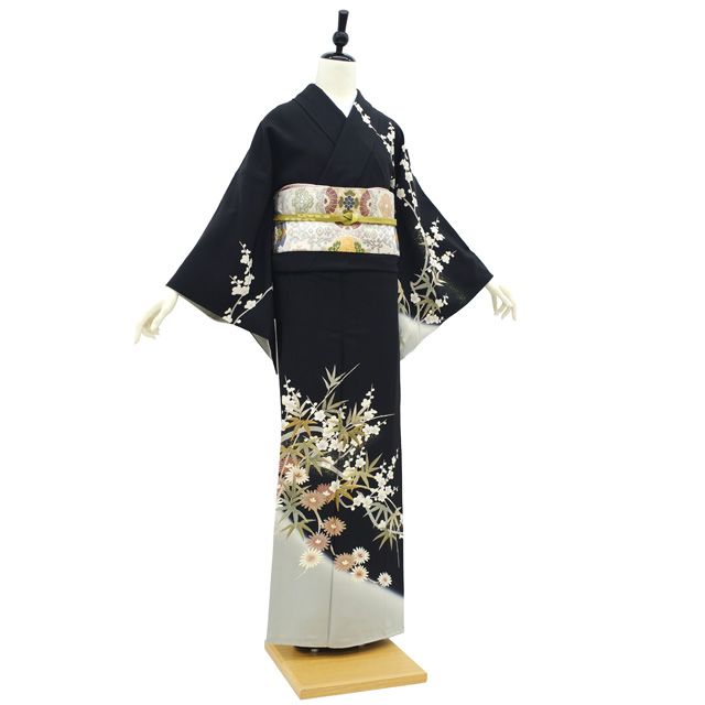 中古】 訪問着 着物 正絹 袷 手描き友禅 本加工 金駒刺繍 金彩 黒 菊 中古】 訪問着 着物 正絹 袷 手描き友禅 本加工 金駒刺繍 金彩 黒 菊