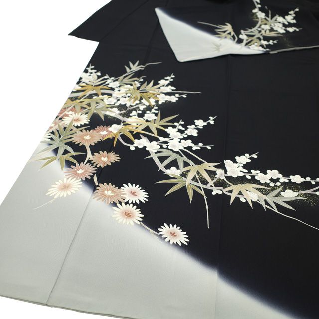 中古】 訪問着 着物 正絹 袷 手描き友禅 本加工 金駒刺繍 金彩 黒 菊 中古】 訪問着 着物 正絹 袷 手描き友禅 本加工 金駒刺繍 金彩 黒 菊