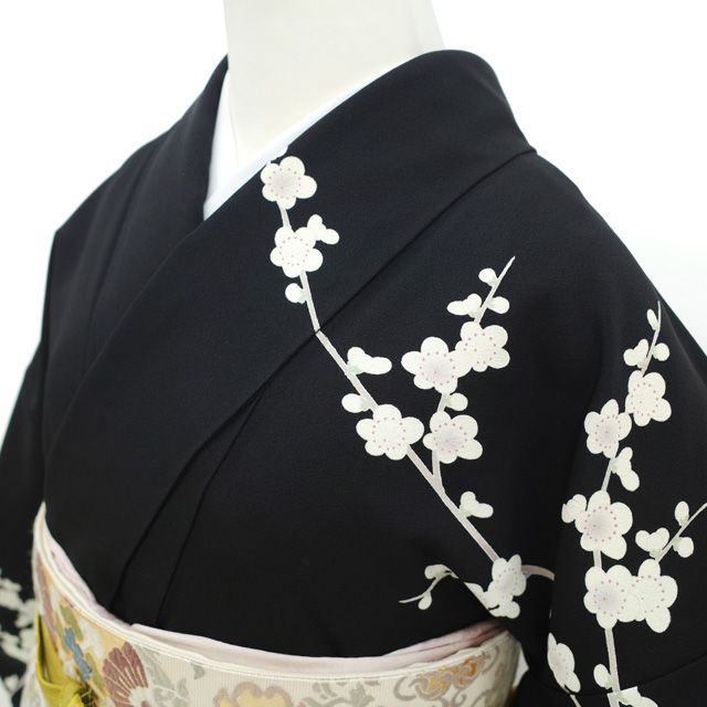 中古】 訪問着 着物 正絹 袷 手描き友禅 本加工 金駒刺繍 金彩 黒 菊