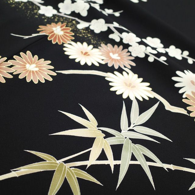 中古】 訪問着 着物 正絹 袷 手描き友禅 本加工 金駒刺繍 金彩 黒 菊