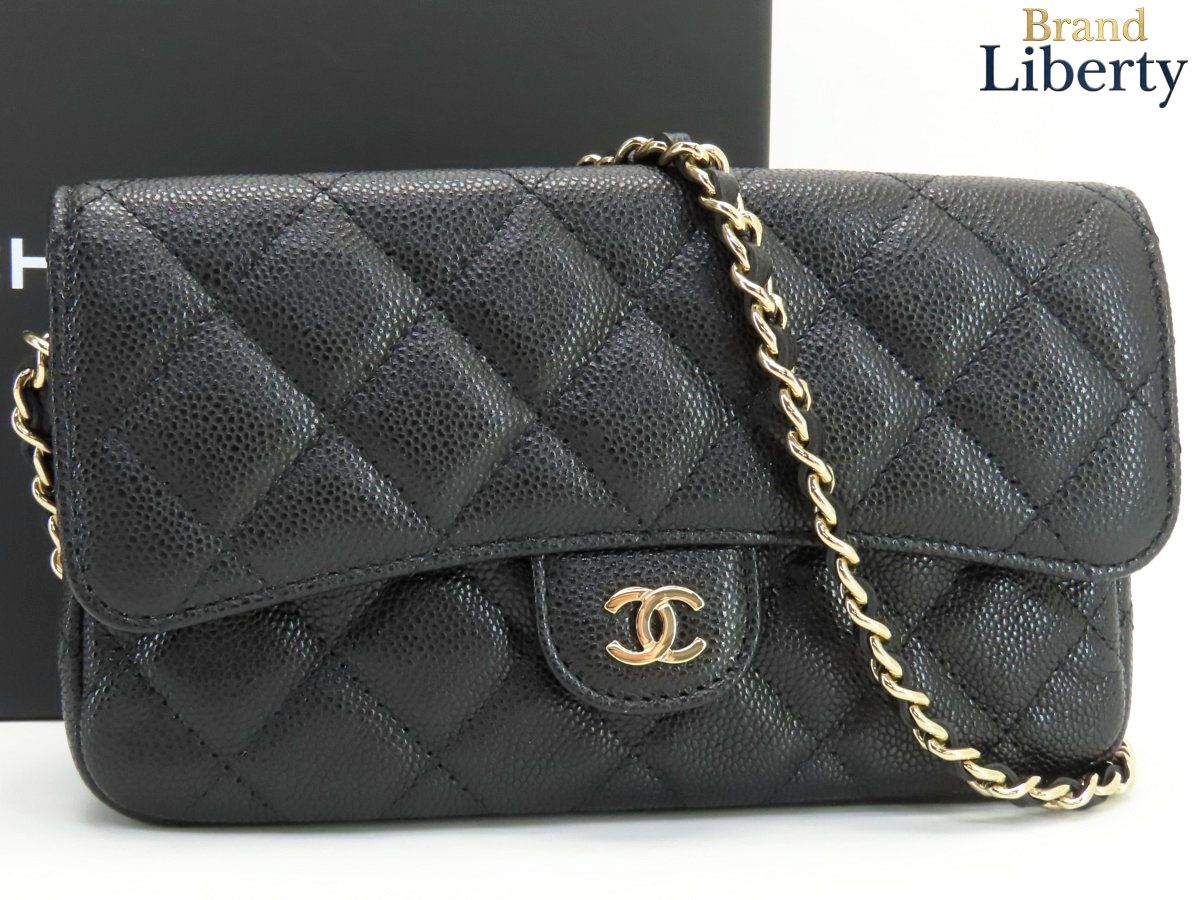 【新品同様】シャネル CHANEL マトラッセ キャビアスキン タイムレスクラシック フラップ フォンケース チェーンショルダーバッグ ショルダーウォレット ポーチ ポシェット ブラック ゴールド金具 グレインドカーフスキン AP2096
