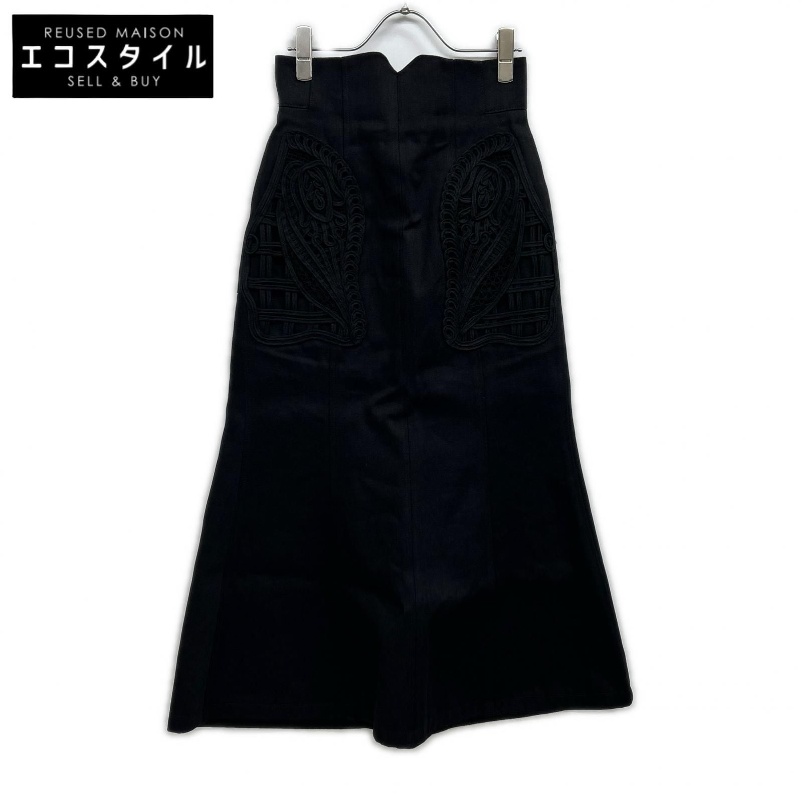 Mame Kurogouchi　マメクロゴウチ　24FW MM24FW-SK092 ブラック コットン Cord Embroidery Detail Denim Skirt　1
