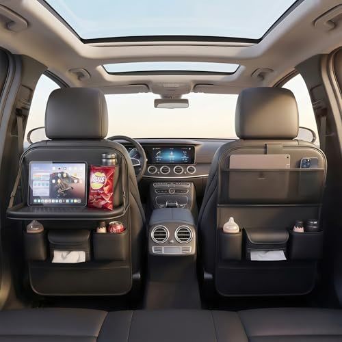 車 収納 ポケット シートバックポケット レザー素材 防水 防汚 後部座席 タブレットホルダー ティッシュケース付き 多機能 取り付け簡単 車内 整理 小物入れ カーアクセサリー★ fe545408