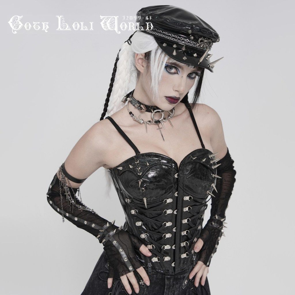 ゴスロリワールド CST00901 パンク ロック ファッション PUレザー ハードロック レースアップキャミソール ゴシック ビジュアル系 ヴィジュアル系 V系 地雷系