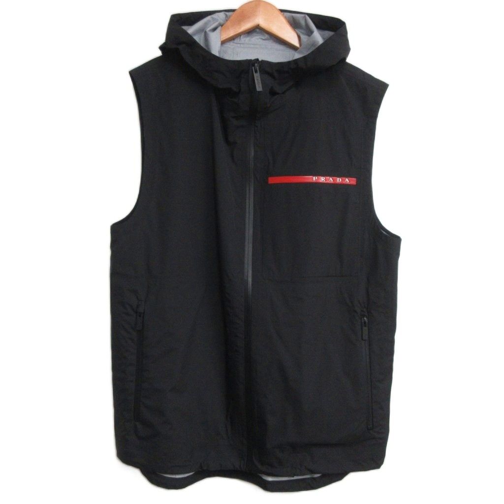 プラダスポーツ PRADA SPORT 極美品 リネアロッサ NYLON ACTIVE VEST ナイロン フーデッドベスト ラバーロゴ 46 黒 ブラック GN995 S182 1SYD ☆AA★