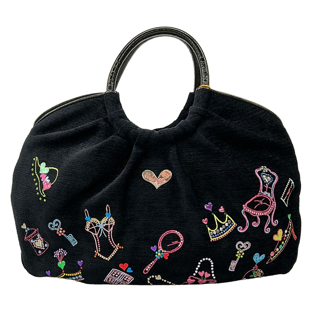 ThinkBee(シンクビー) トートバッグ - 黒×ピンク×マルチ ラインストーン/刺繍/just heart レザー 7,200円