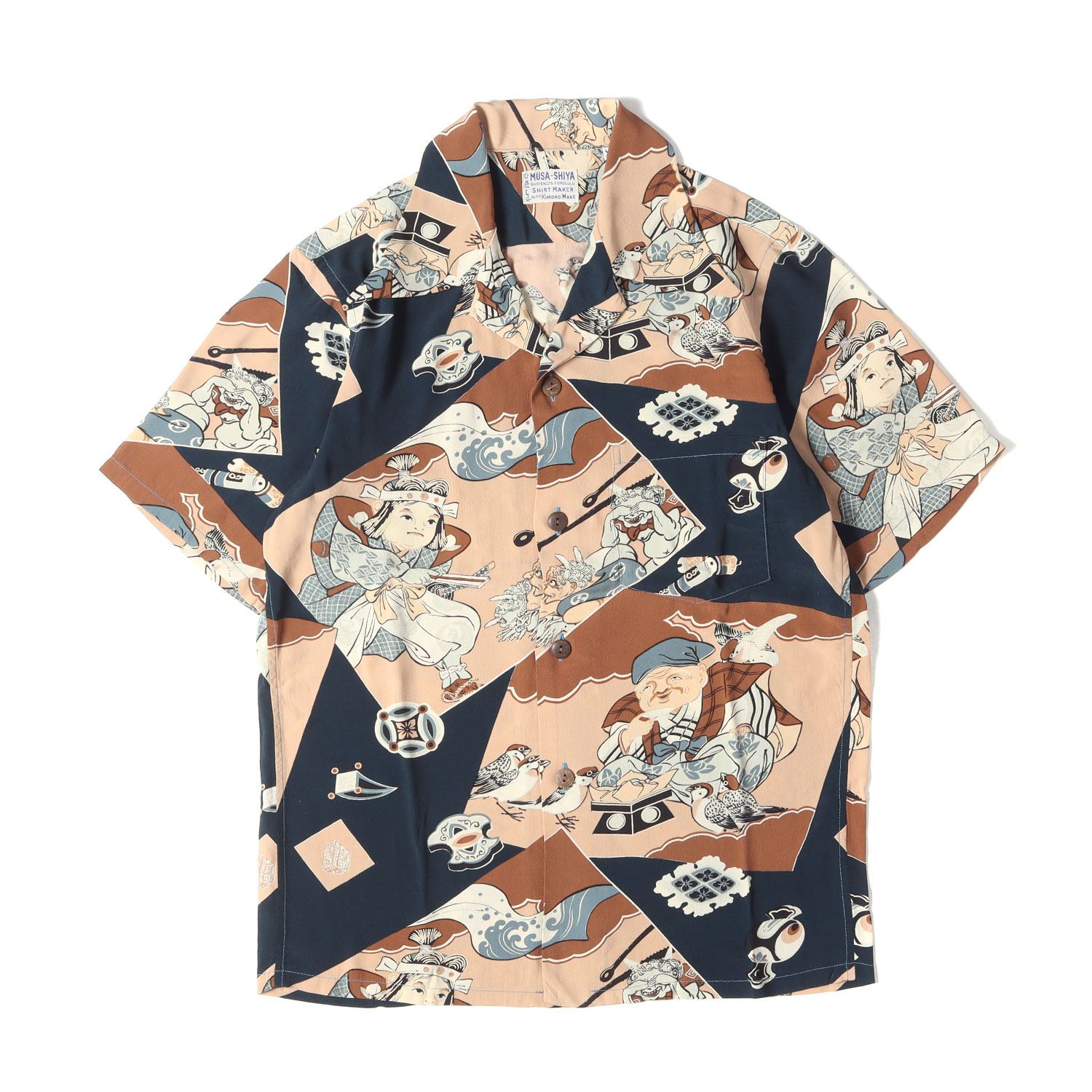 SUN SURF サンサーフ シャツ ネイビー 紺 サイズ:XS | デッドストック | 00s 桃太郎&舌切雀 和柄 レーヨン アロハシャツ | ムサシヤ実名復刻 SPECIAL EDITION | SS32290 | トップス【メンズ】【中古】