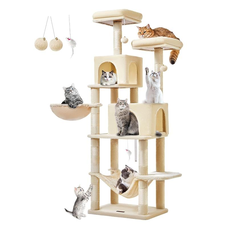 Taogimiao キャットタワー 高さ170cm 大型猫用 多頭飼い対応 据え置き 超スリム 省スペース 転倒防止付き 安定感 運動不足解消 猫ハウス2個 ハンモック 2段展望台 天然麻紐 爪研ぎ棒 サイザル麻爪ときボ一ル7本 ボンボン2個 豪華多段式キ 1