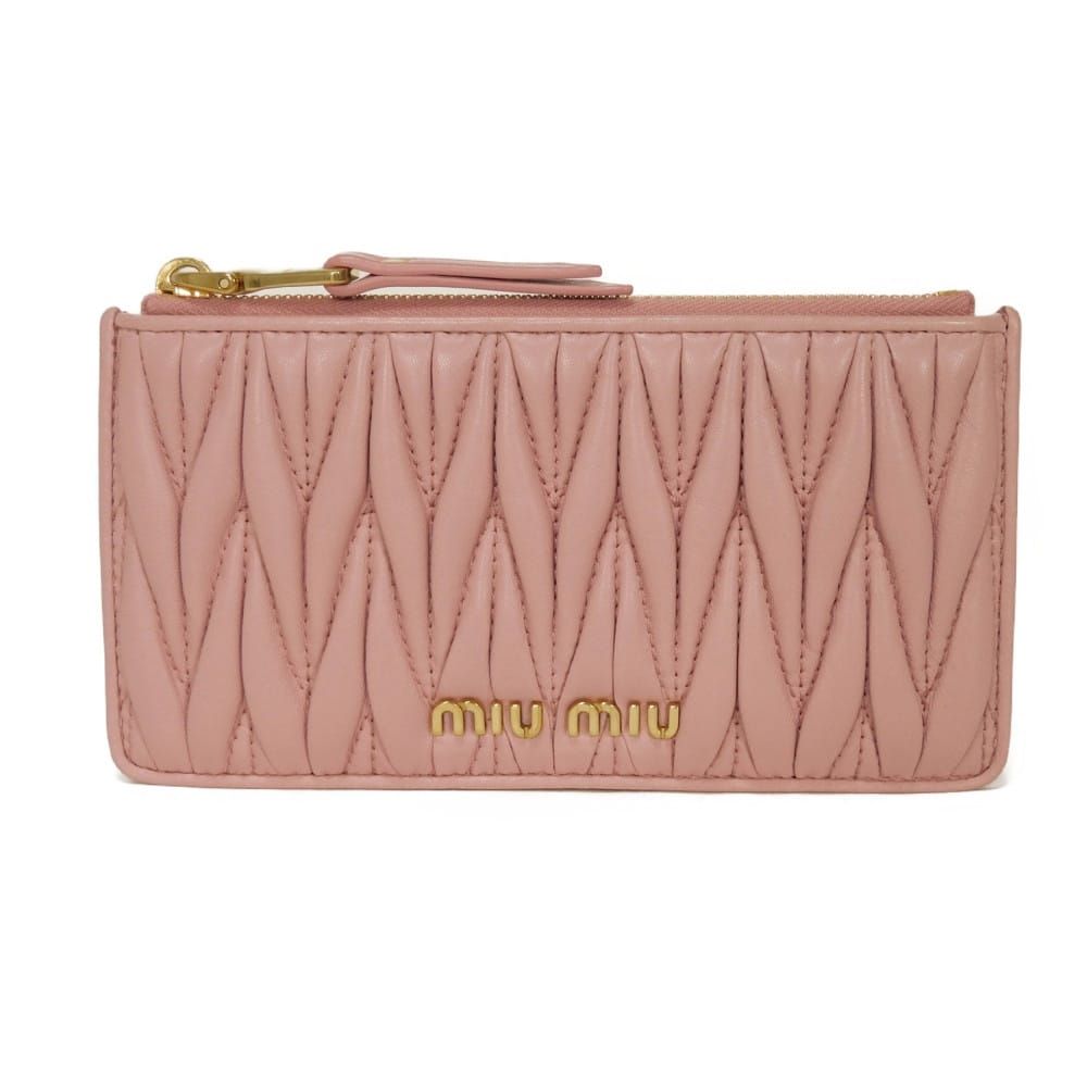 MIUMIU ミュウミュウ マテラッセ フラグメントケース ギャザー ラムスキン カードケース パスケース 名刺入れ 小銭入れ 財布 RFID ICチップ ロゴ メタル ピンク コインケース 5MB006