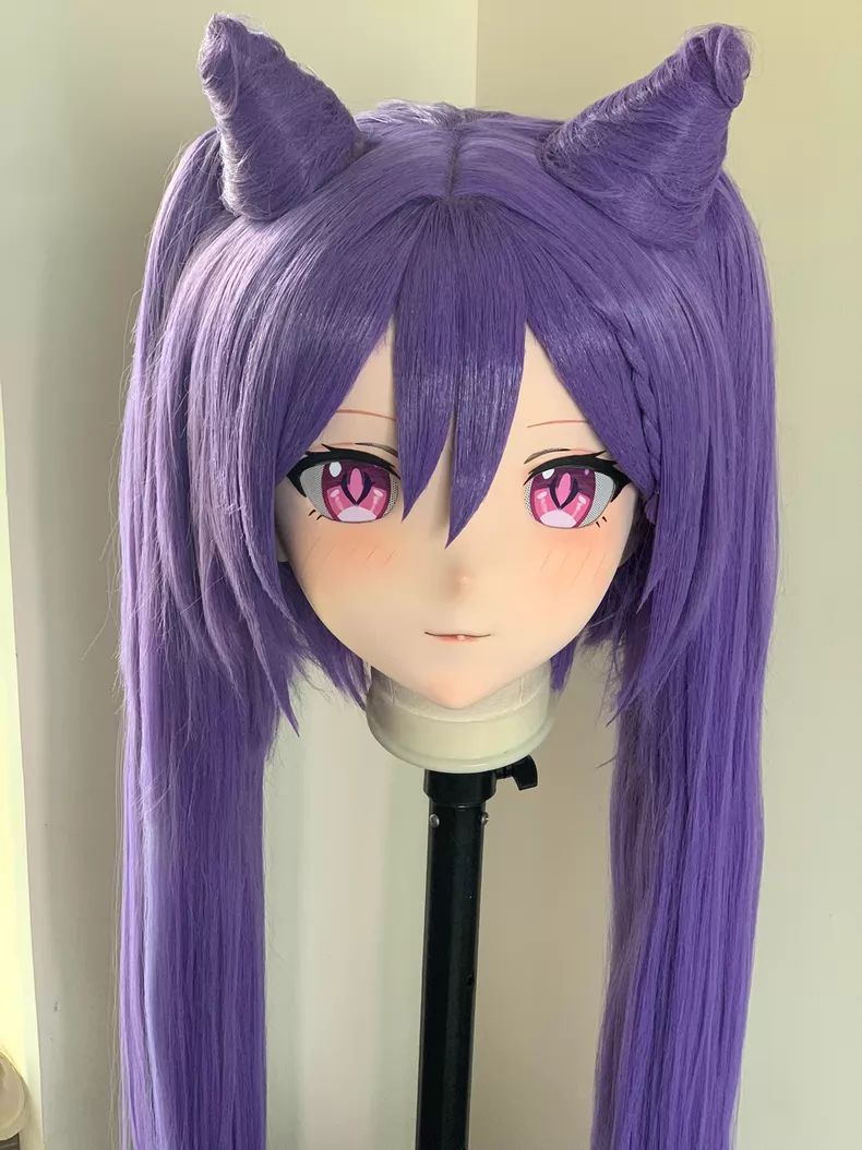 キグルミマスク 刻晴 原神 風 鍵付き 全頭 パープルヘア ロングツインテール ピンクアイ 猫耳風 63cm対応 ハンドメイド コスプレ kigurumi ファンメイド アニメ顔 美少女 二次元 現品