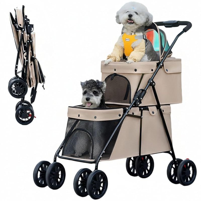 MODONG ペットカート 上下2段式 多頭用 犬 カート ワンタッチ 折りたたみ 前輪360°回転 後輪ブレーキ付 上段10KG 下段14KG 耐荷重24KG 猫 小型犬多頭飼 い対応 お出かけ 通院 散歩 介護用 (ちゃいろ) 1
