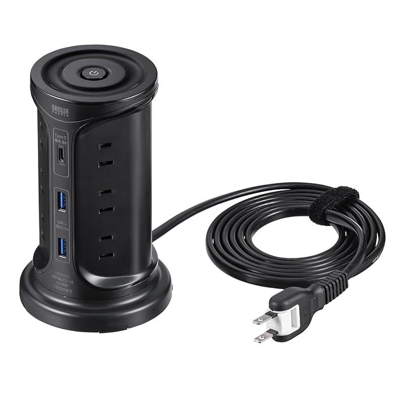 サンワダイレクト 電源タップ タワー 12個口 USB-A×2ポート USB-C ×1ポート 2ｍ 一括スイッチ付き スイングプラグ USB充電 延長コード ブラック 700-TAP075BK 1
