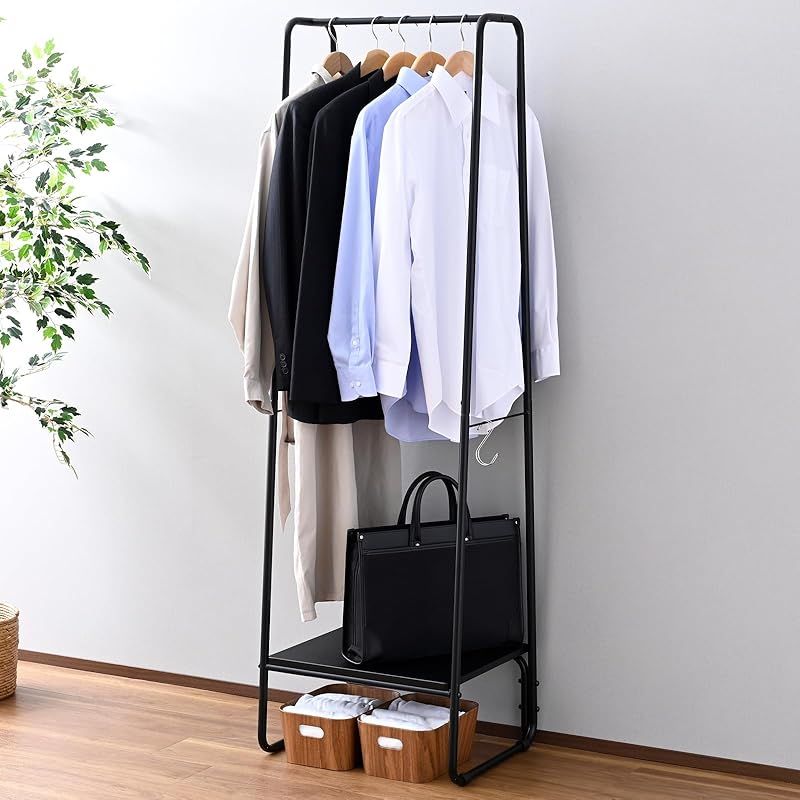 山善(YAMAZEN) ハンガーラック 下棚付き ハイタイプ スリム 耐荷重35kg コートハンガー 幅51×奥行40×高さ164.5cm 衣類収納 シンプル 一人暮らし 組立品 ブラック／マットブラック BHH-S(BK／MBK) 1