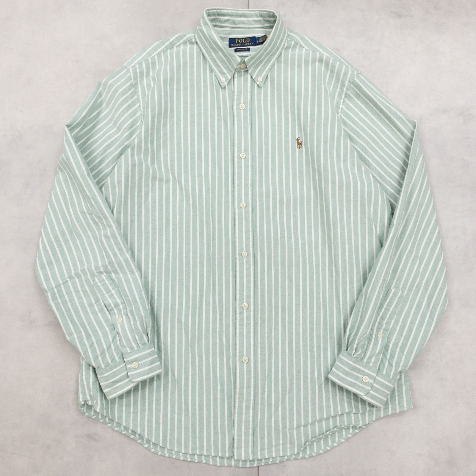 POLO RALPH LAUREN ポロ ラルフローレン ストライプ柄 ホースロゴ刺繍 シャツ コットン グリーン ホワイト スリランカ製 メンズ L b01395