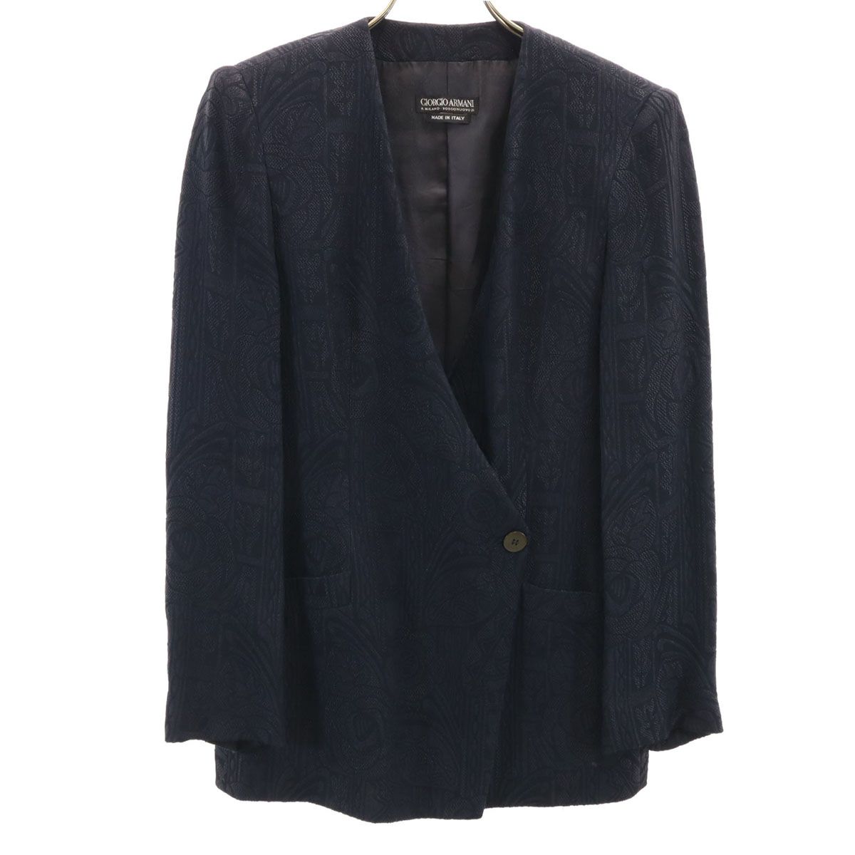 GIORGIO ARMANI ジョルジオアルマーニ 90s イタリア製 オールド 花柄 ジャガード ノーカラージャケット 38 ネイビー レディース 古着