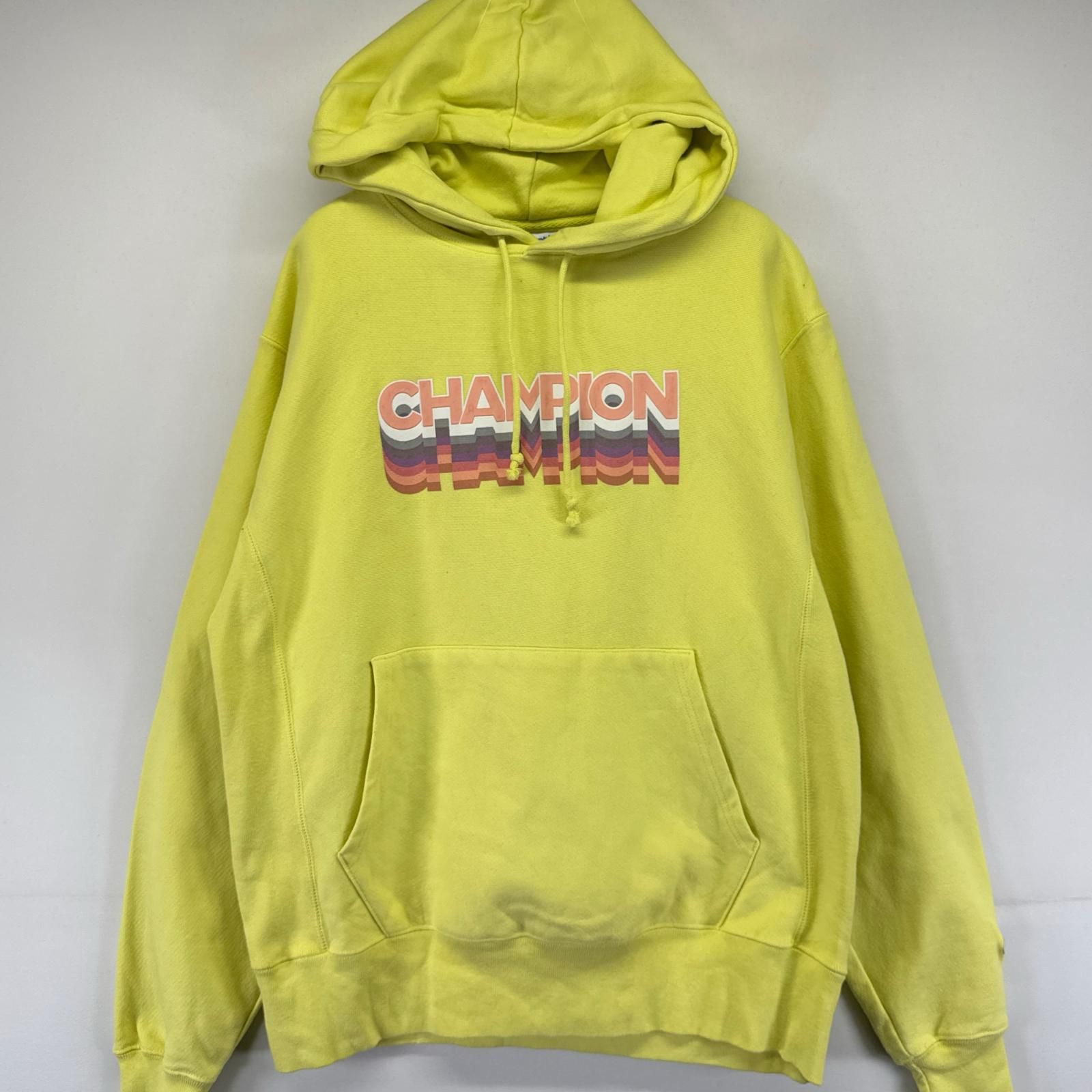 古着 チャンピオン Champion パーカー プルオーバー リバースウィーブ スウェット ネオンカラー ビッグロゴ M イエロー系 メンズ