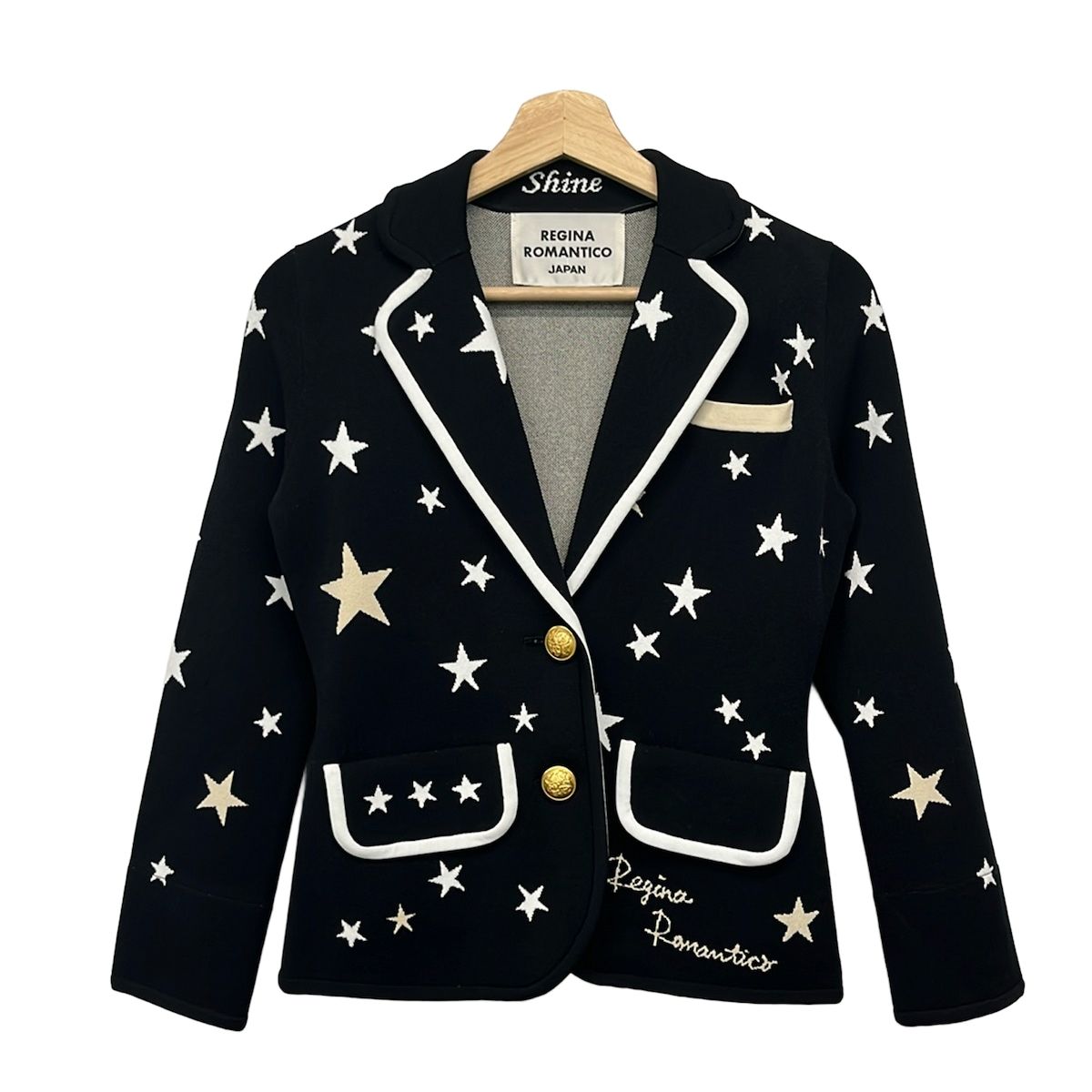 レジィーナロマンティコ ジャケット サイズ36 S レディース美品 - 黒×白×ベージュ 長袖/ニット/スター(星)/オールシーズン