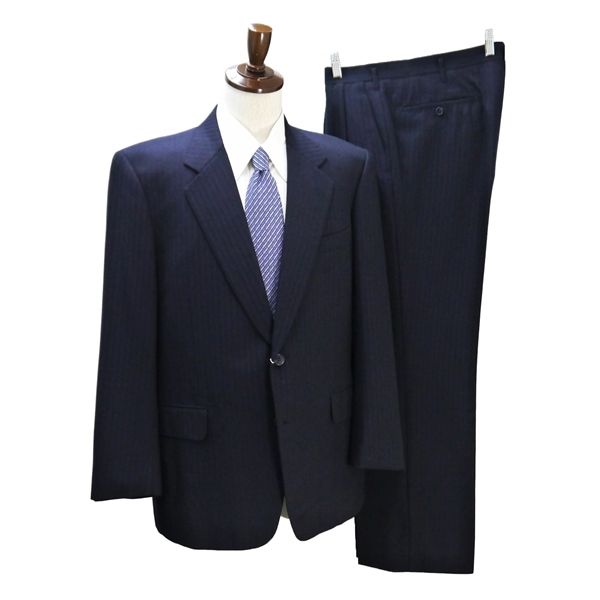 TISSUS LANVIN ランバン 2つボタン シングルスーツ BB7 XL ダークネイビー シャドーストライプ ツータック 春秋冬 6088-19 6ND121 【送料無料】【中古】【メンズビジネス】202604