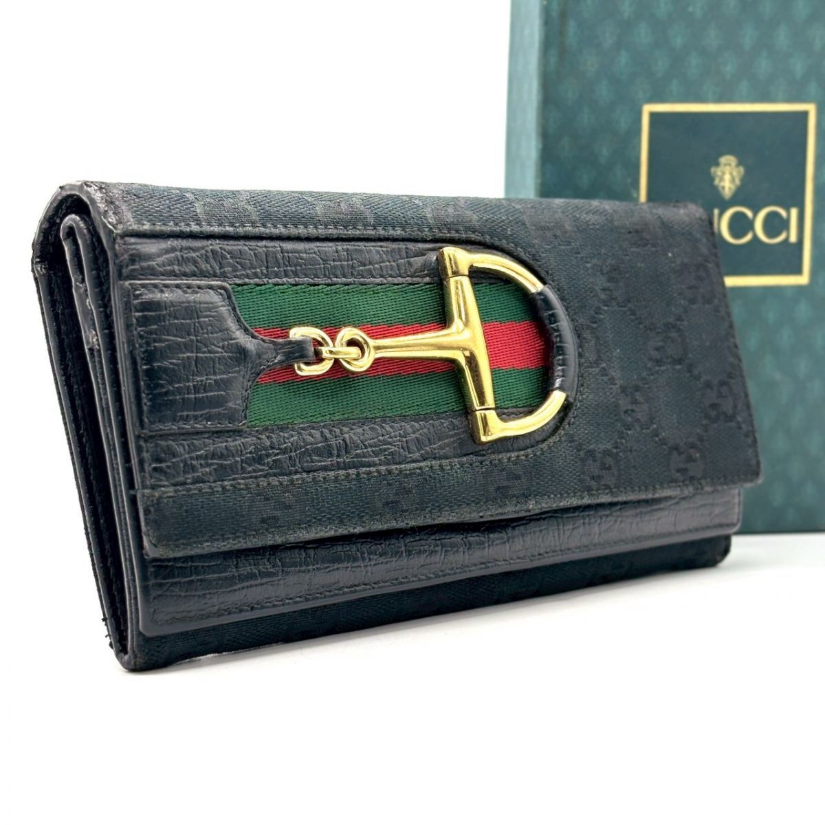 【余裕は細部に宿る】　GUCCI　長財布 ホースビット シェリーライン GGキャンバス オールドグッチ ゴールド金具 15カード　黒