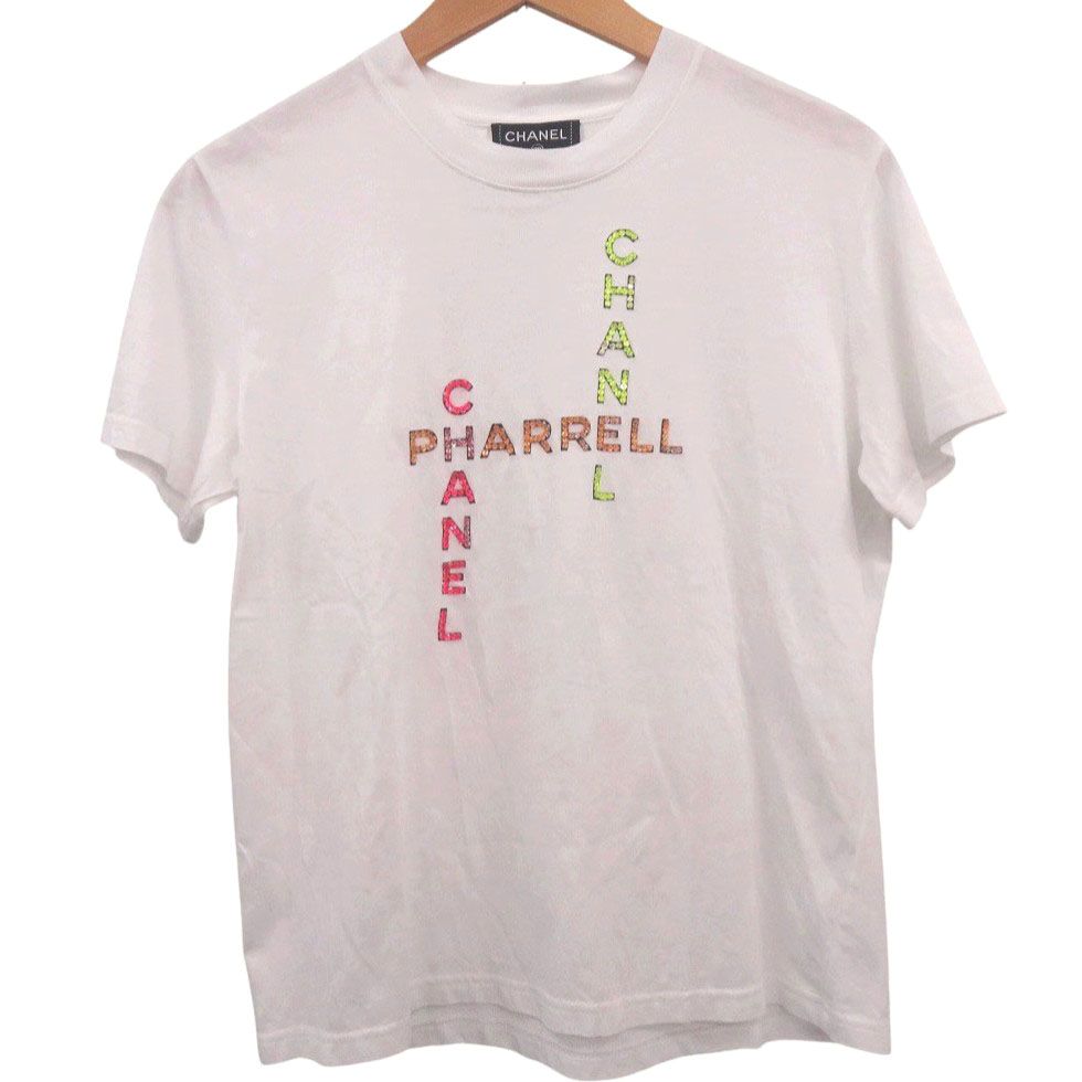 美品 シャネル ファレル ウィリアムス Pharrell Williams ビーズロゴ P61052 サイズS 半袖Ｔシャツ コットン ホワイト ピンク イエロー オレンジ 白 1393 CHANEL
