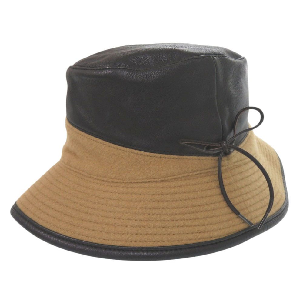 美品 エルメス バケットハット リボン サイズ58 カシミヤ レザー アセテート ブラウン ブラック 茶 黒 帽子 0243 HERMES