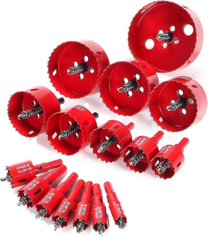 After7 現役大工が推薦 バイメタル ホールソー ホルソー 穴あけ 切削 工具 (レッド, 16mm～100mm16本セット)
