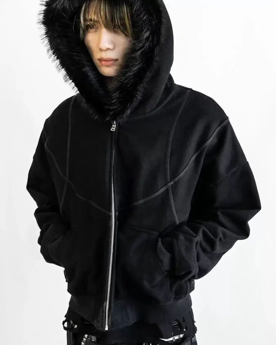 新品) ブラック ファー フード ジップアップ アウター ジャケット ユニセックス