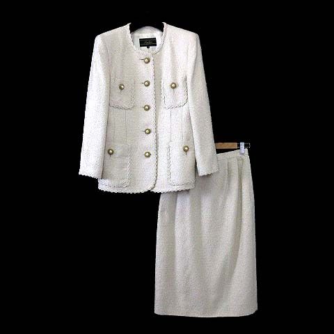 レリアン Leilian ツイード スカートスーツ 上下 セットアップ イタリア製 GIORANO BASSO シルク 絹 100％ パール装飾ボタン ノーカラー ジャケット ロングスカート M 9 アイボリー ベージュ 美品