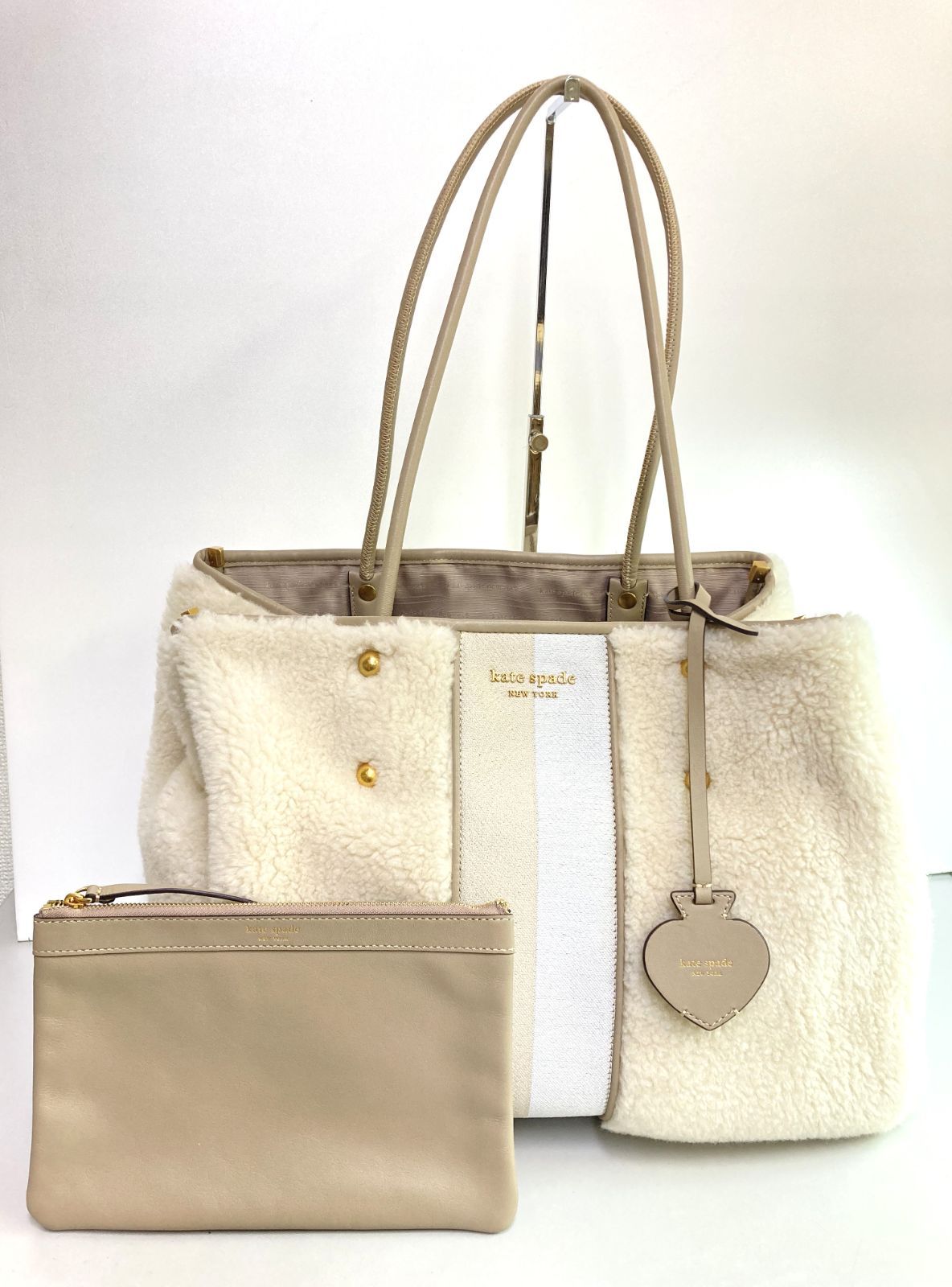 中古 Kate Spade ケイトスペード エブリシング レーシング ストライプ フォウ シアリング ラージ トートバッグ ポーチ付 28082