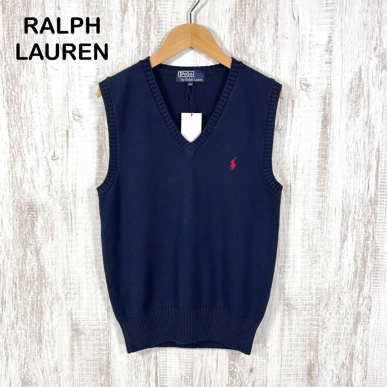 新品未使用 美品 90s Polo by Ralph Lauren ポロバイラルフローレン ポニーロゴ刺繡 Vネック コットンニット ベスト ネイビー レディース ノースリーブ トップス