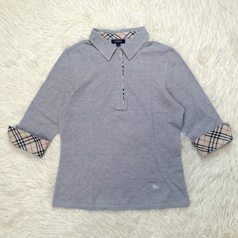 良品 BURBERRY バーバリー 七分袖ポロシャツ M ノバチェック ホースロゴ刺繍 ハーフジップ レディース 春夏 グレー系
