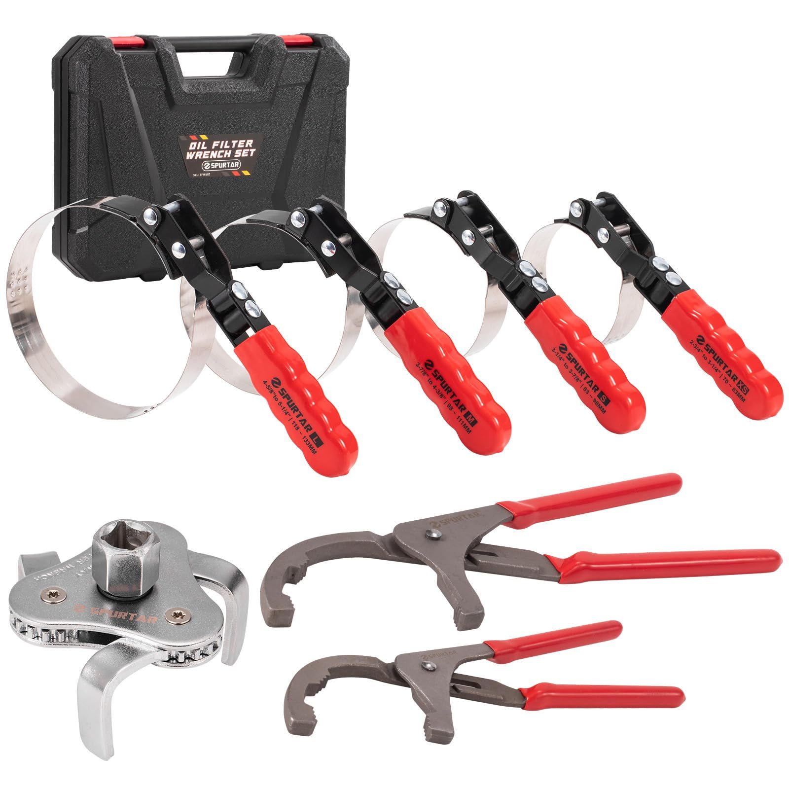 Spurtar(スパーター) オイルフィルターレンチ 7点セット エレメントレンチ（対応径：70～133mm）、22.8cm＆30.4cm 汎用オイルフィルタープライヤー、3爪オイルフィルター取り外しツール 自動車整備工場・4Sショップ・メカニック・DIYkk